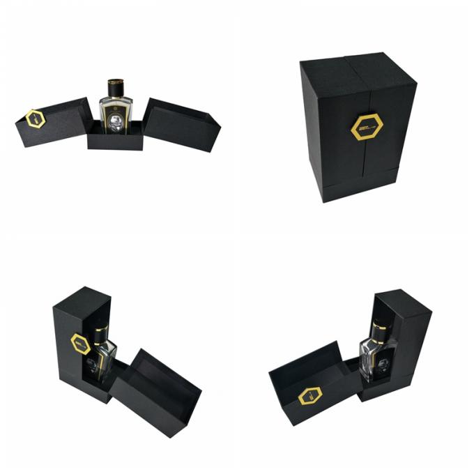 2 côtés ouvrent les boîtes texturisées noires d'emballage cadeau de parfum adaptées aux besoins du client avec l'insertion d'EVA