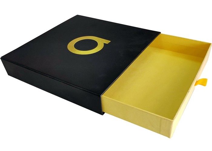 Logo de relief par or coulissant d'aluminium de boîte-cadeau de tiroir de papier noir pour l'habillement fournisseur